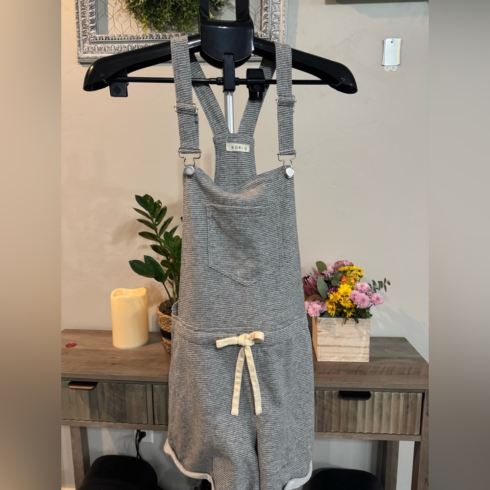 Kori Gray Striped short overalls with Cream Bow